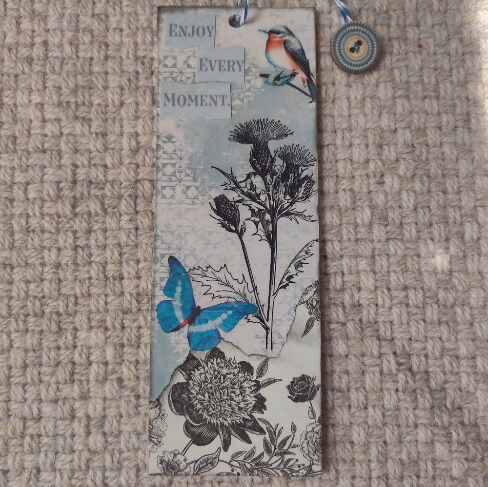 Floral and Bird Bookmark with Blue Accents